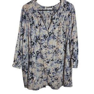 Rose + Olive Gauzy Faux Button Women's 2X Blouse Abstract Floral Smocked V-Neck